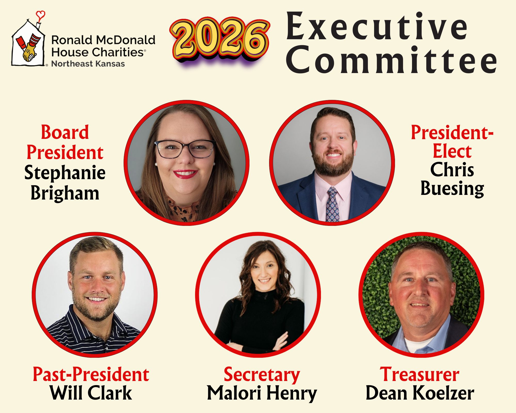 Headshots of the RMHC Northeast Kansas 2026 Executive Committee, including Board President Stephanie Brigham, President-Elect Chris Buesing, Past-President Will Clark, Secretary Malori Henry, and Treasurer Dean Koelzer.
