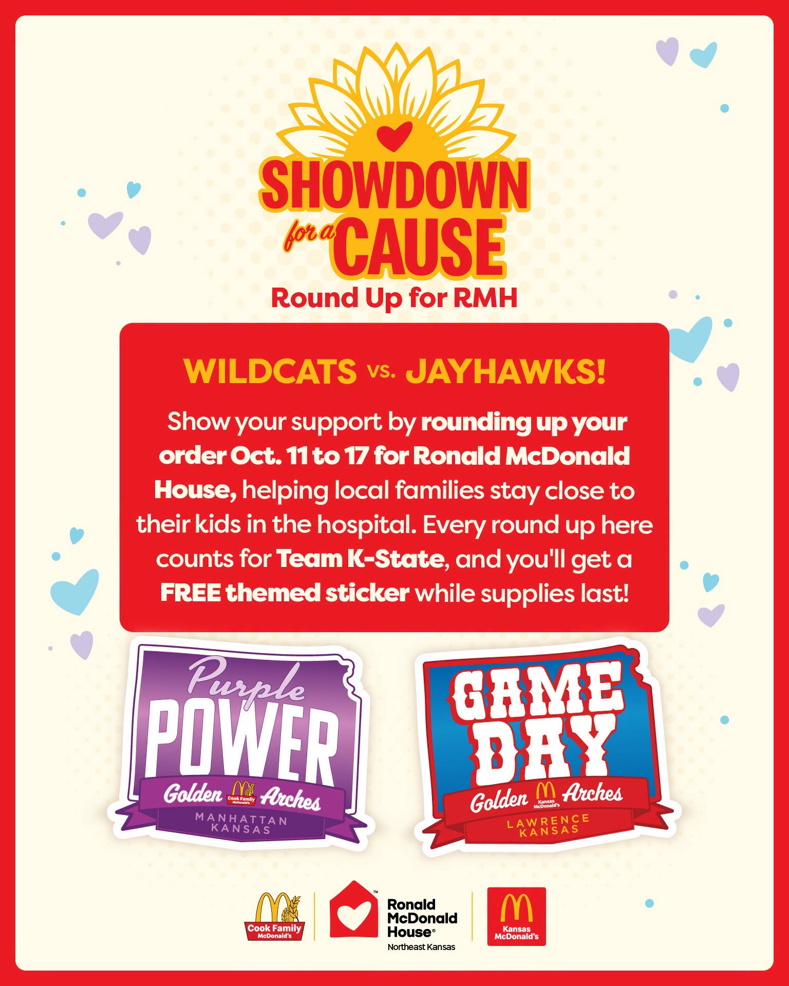 Promotional flyer for the Showdown for a Cause campaign featuring the K-State Wildcats versus the KU Jayhawks. The text encourages supporters to round up their orders on October 19 or 21 to benefit Ronald McDonald House Northeast Kansas.